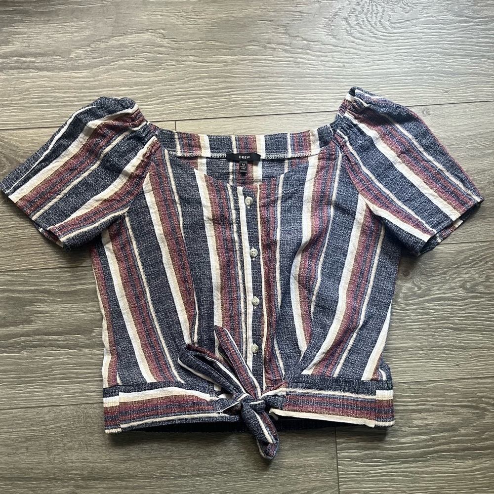 Drew Anthropologie Muted Blue Red Striped Off Shoulder Cropped Button Down M